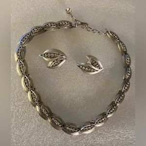 Vintage Crown Trifari silver tone and rhinestones necklace and earring set.